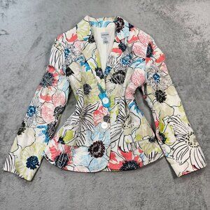 Chicos Floral Embroidered Silk Blazer Colorful Indie Statement Jacket Size 1